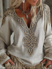 Damen Vintage Viking Keltischer Knoten Bestickte Kunst Gemütliches Leinen hemd