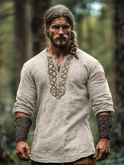 Herren-Viking-Oberteil aus Baumwolle und Leinen mit drei Vierteln ärmeln