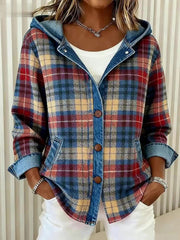 Damen Vintage Kariertes Muster Patchwork-Kunst Kapuzen strickjacke
