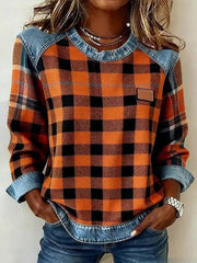 Patchwork-Kunst-Sweatshirt mit Karo muster für Damen
