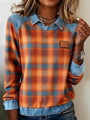 Patchwork-Kunst-Sweatshirt mit Karo muster für Damen