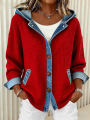 Damenmode Patchwork Design Waffel Kapuzen strickjacke