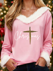 Damen Frohe Weihnachten Kreuz druck Lässiges Pelz kragen Top