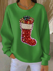 Damen Weihnachts strümpfe Druck Geripptes Rundhals-Sweatshirt