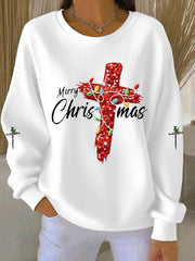 Damen Frohe Weihnachten Kreuz gerippt Rundhals-Sweatshirt