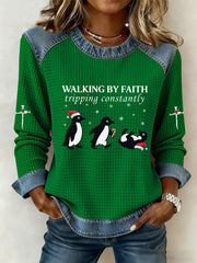Frauen lustige Weihnachten Walking By Faith Tripping ständig Druck Casual Waffel Hoodie