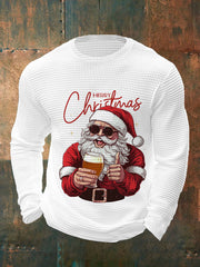 Herren Frohe Weihnachten Santa Claus Print Lässiges Waffel-Langarm-Top