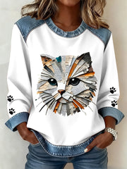 Damen Katzen pfoten Kunst bedrucktes Jeans-Patchwork-Top
