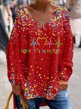 Bedrucktes V-Ausschnitt Revers knopf Vintage Lässiges Langarm-Shirt