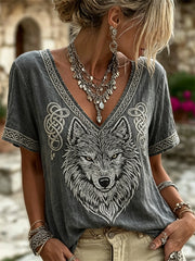 Damen-Viking-Wolf-Fenrir-T-Shirt aus Leinen mit keltischem Knotenmuster