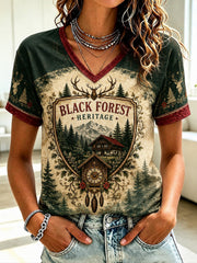 Damen-T-Shirt aus Deutschland im Schwarzwald-Stil mit V-Ausschnitt und Vintage-Print