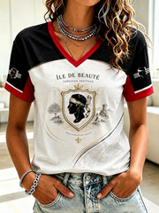 T-shirt à col en V imprimé du drapeau français de Corse pour femme