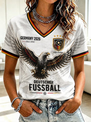 Damen-T-Shirt mit V-Ausschnitt und Fußball-Print, Deutschland