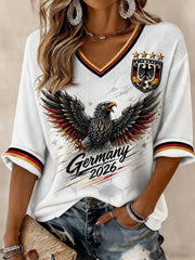 Damen-Fußball-T-Shirt aus Deutschland mit Druck, mittellangen Ärmeln und V-Ausschnitt
