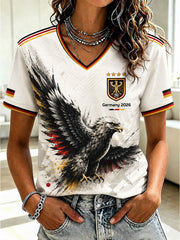 Damen-T-Shirt mit V-Ausschnitt und Fußball-Print, Deutschland