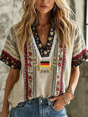 Damen-Boho-T-Shirt mit deutschem Blumenmuster, mittellange Ärmel und V-Ausschnitt