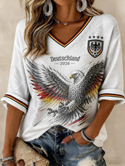 Frauen-T-Shirt mit Deutschland-Fußballmotiv, mittellange Ärmel und V-Ausschnitt