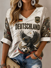 Damen-Fußball-T-Shirt aus Deutschland mit mittellangen Ärmeln und V-Ausschnitt