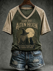 Frauen-T-Shirt mit witzigem Halloween-Print und V-Ausschnitt