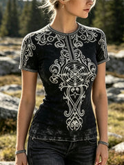 Damen-Vintage-T-Shirt mit Wikinger-Vegvisir-Keltischem-Knoten-Muster und kurzen Ärmeln