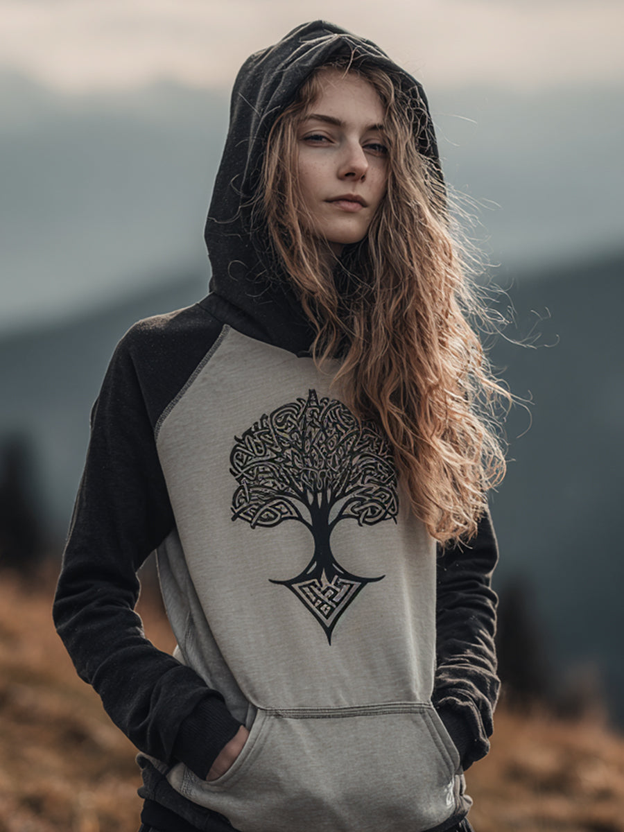 Frauen Baum des Lebens Muster Kontrast Farbe Hoodie