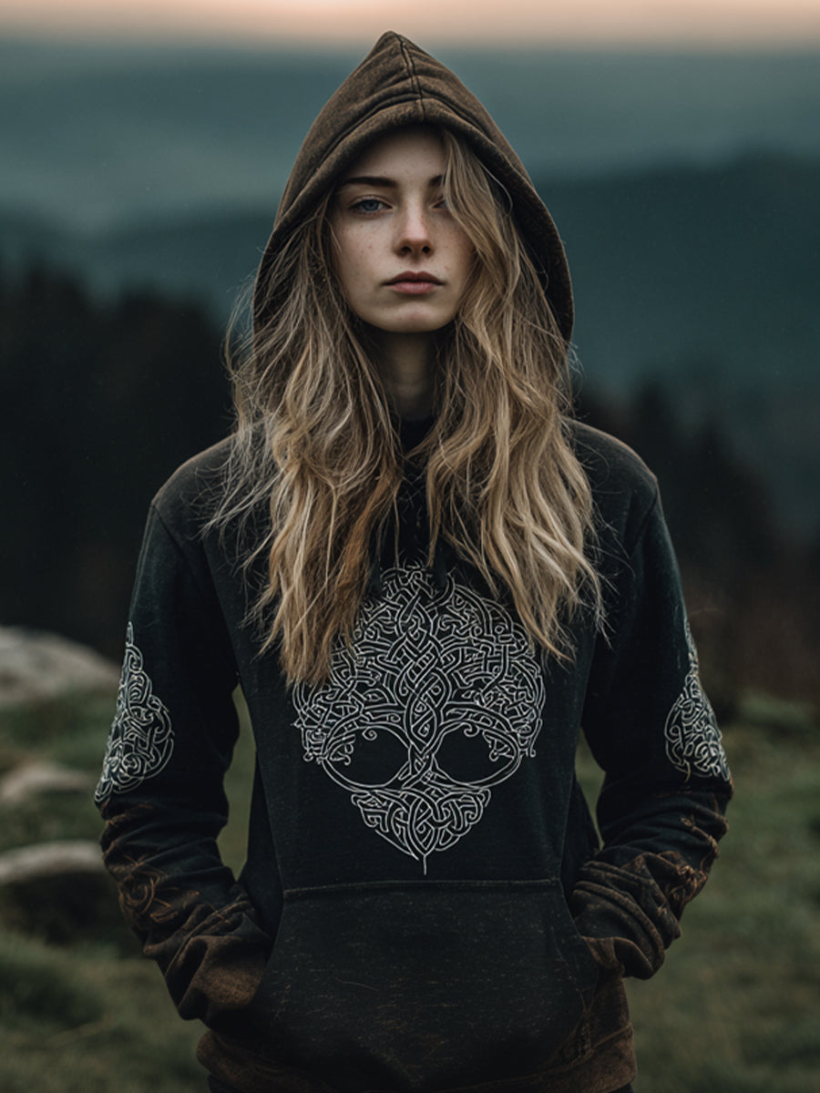 Vintage gewaschener Hoodie Frauen Baum des Lebens Muster