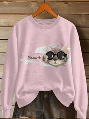 Damen-Katzen-Kunstdruck-Freizeit-Sweatshirt