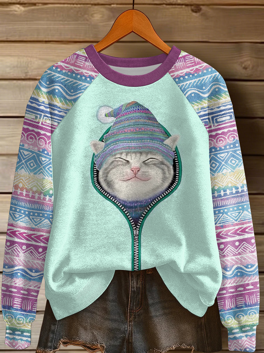 Damen-Katzen-Kunstdruck-Freizeit-Sweatshirt