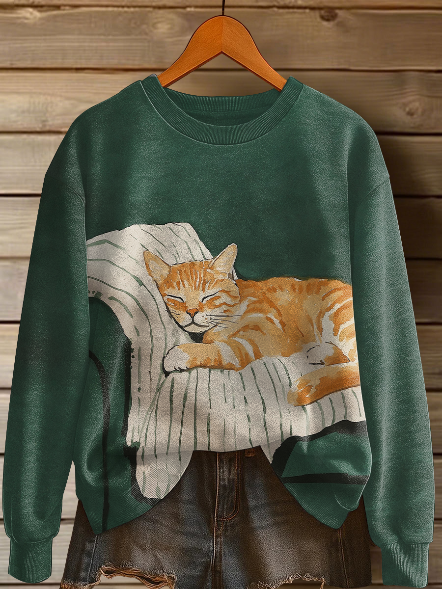 Damen-Katzen-Kunstdruck-Freizeit-Sweatshirt