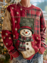 Women's Christmas Snowman With Plaid Patchwork Art Sweatshirt