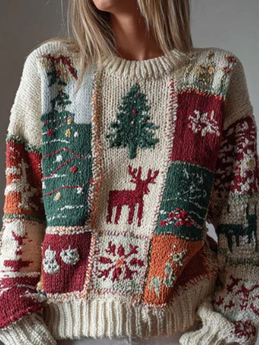Damen Weihnachts baum Patchwork Kontrast farbe Pullover