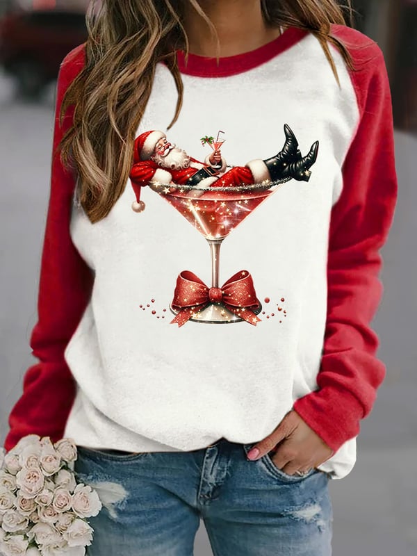 Damen-Sweatshirt mit Raglan-Ärmel für Weihnachts mann und Rotwein glas