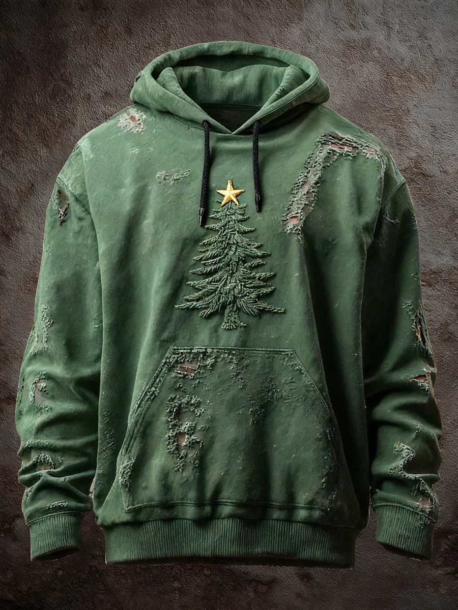Herren Vintage Weihnachtsbaum-Kunstdruck Casual Übergroße Schulter Hoodie mit Taschen