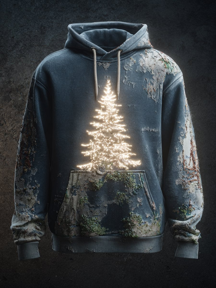 Herren Vintage Weihnachtsbaum-Kunstdruck Casual Übergroße Schulter Hoodie mit Taschen