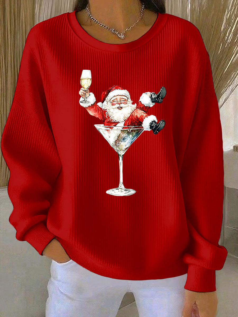 Damen-Weihnachts mann und Rotwein-Glas-Druck Geripptes Rundhals-Sweatshirt