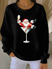 Damen-Weihnachts mann und Rotwein-Glas-Druck Geripptes Rundhals-Sweatshirt