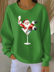 Damen-Weihnachts mann und Rotwein-Glas-Druck Geripptes Rundhals-Sweatshirt