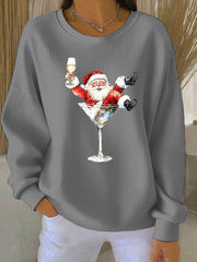 Damen-Weihnachts mann und Rotwein-Glas-Druck Geripptes Rundhals-Sweatshirt
