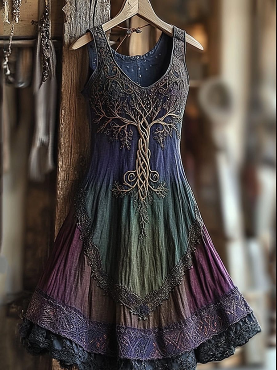 Damen Vintage Wikinger Baum des Lebens Steigung Leinen kleid