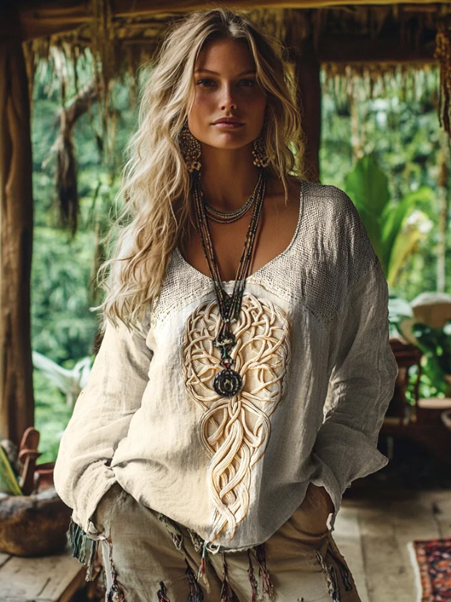 Damen Vintage U Wikinger Baum des Lebens Kunst Baumwolle und Leinen T-Shirt