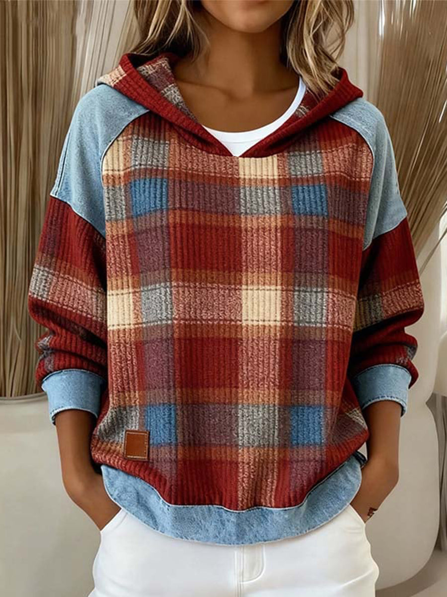 Frauen Vintage Plaid Muster Patchwork Kunst Hoodie