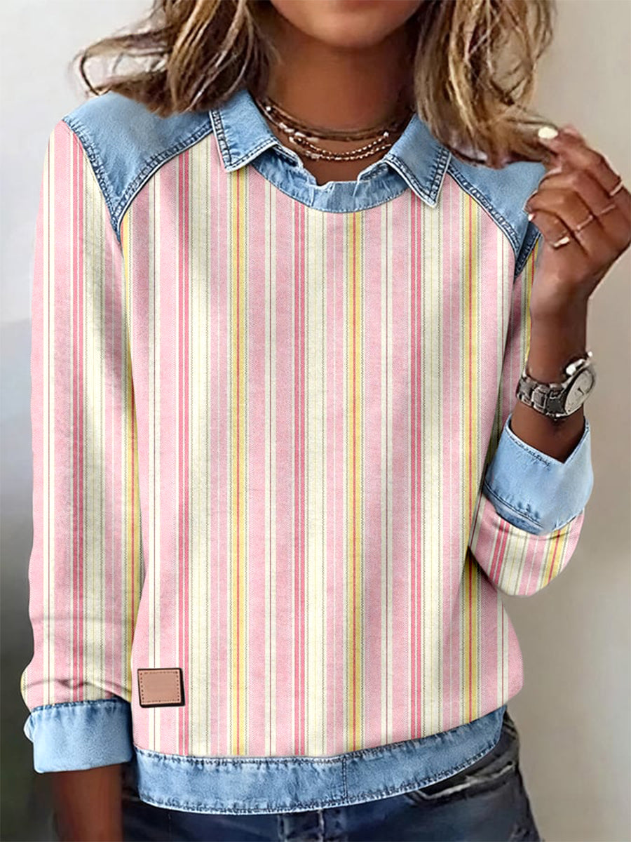 Patchwork-Kunst-Sweatshirt mit rosa Streifen muster für Damen