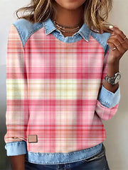 Patchwork-Kunst-Sweatshirt mit rosa Karo muster für Damen