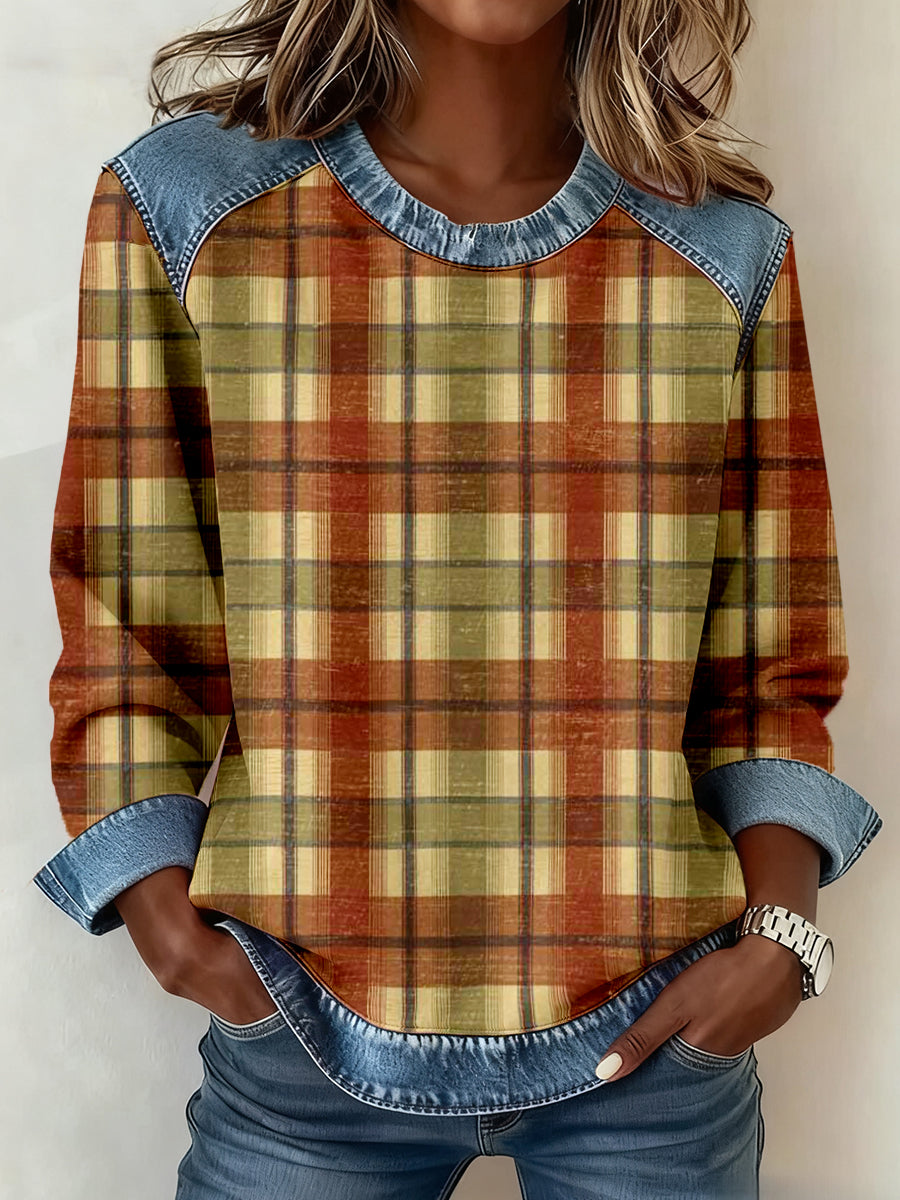 Patchwork-Kunst-Sweatshirt mit kariertem Muster für Damen