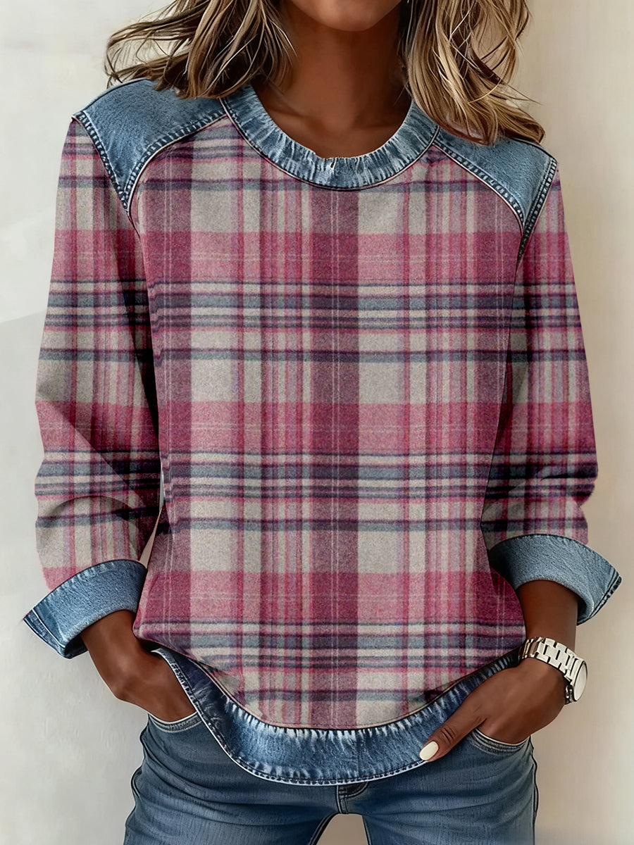 Patchwork-Kunst-Sweatshirt mit kariertem Muster für Damen
