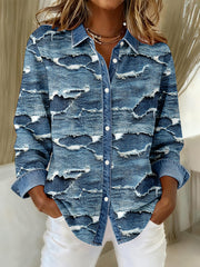 Frauen Distressed Denim Patchwork Design Shirt