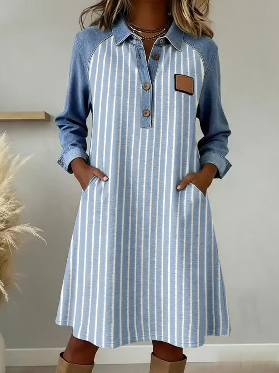 Frauen Gestreiftes Muster Patchwork Kunst Kleid