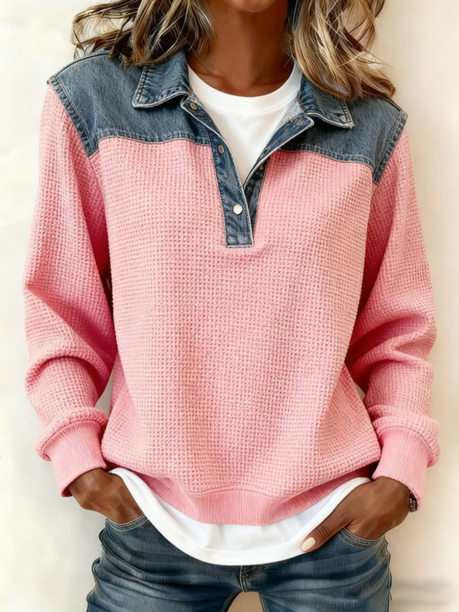 Damenmode Patchwork Design Waffel Top