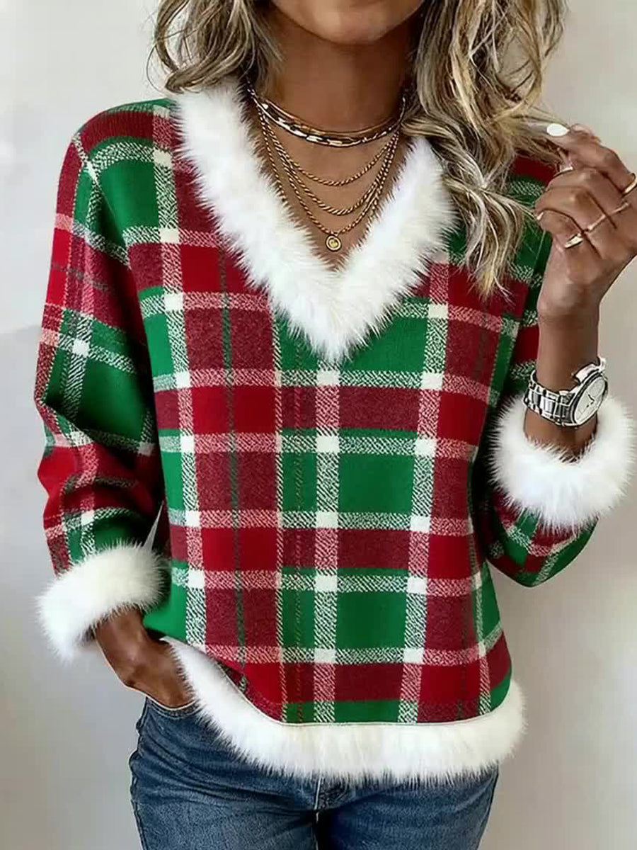 Frauen Weihnachten inspiriert Plaid Muster pelzigen Top