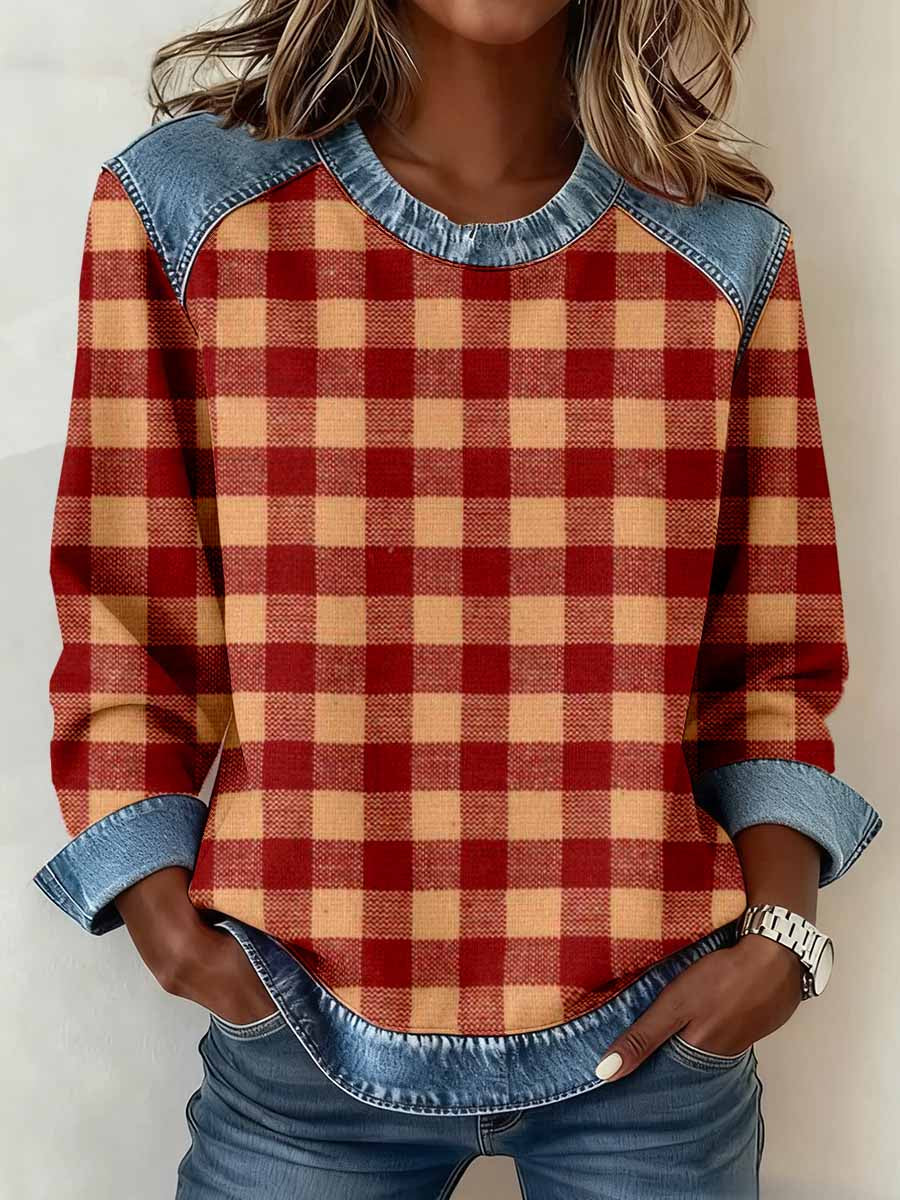Damen Vintage Kariertes Muster Denim Patchwork Sweatshirt